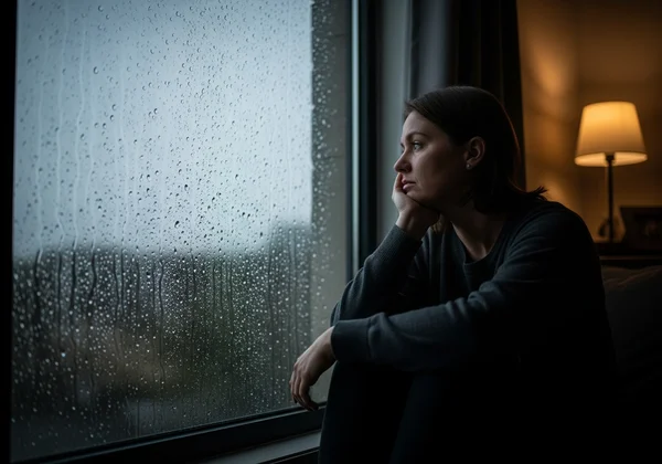 person looking out window feeling overwhelmed by depression