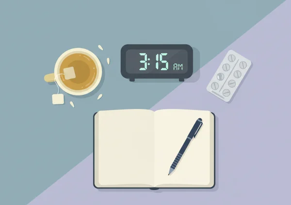 Satu ilustrasi 'flat-lay' meja di tepi katil yang bersepah menampilkan jam penggera yang menunjukkan pukul 3:15 pagi.