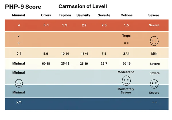 Infographic showing PHQ-9 score ranges and severity levels.