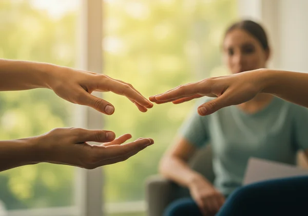 Person reaching out for mental health support.
