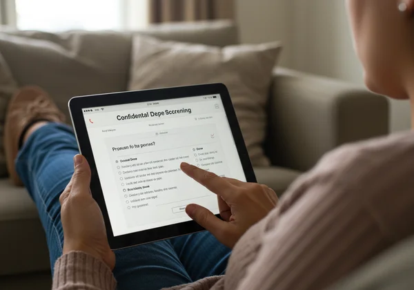 Person taking a confidential depression test on a tablet