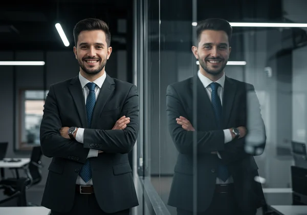 Person smiling with a sad reflection in a window