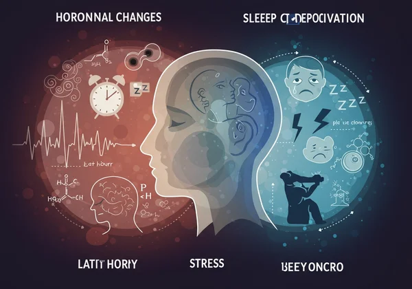 Visual representing hormonal changes, sleep, and stress impacting mood